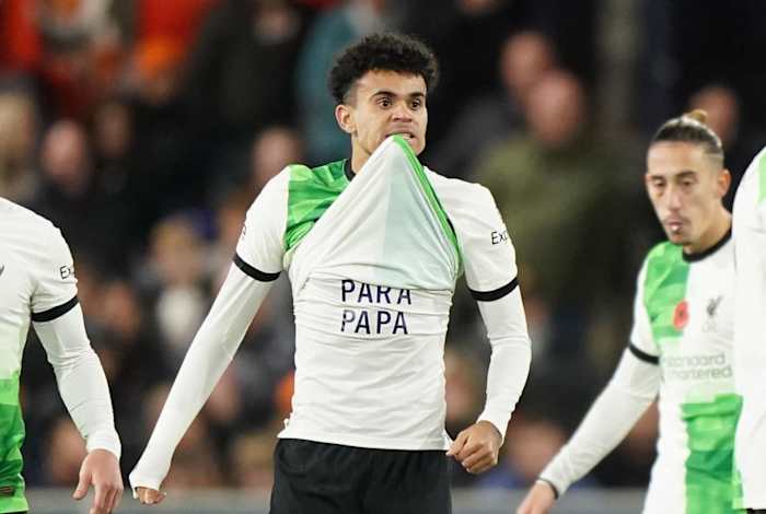 Liverpool player Luis Diaz pictured after scoring a goal in a 1-1 draw at Luton Town in November 2023